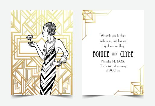 Art Deco vintage invitation template design. patterns and frames. Retro party geometric background set (1920's style). Vector illustration, thematic wedding or jazz party.
