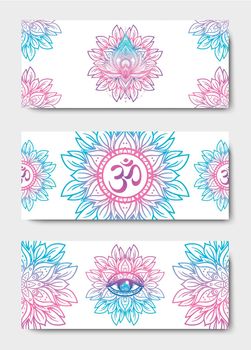 Yoga mat design set. Colorful template for spiritual retreat or yoga studio. Indian floral paisley pattern. Vector illustration. Ethnic Mandala towel. Vector