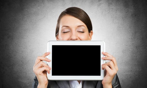 Businesswoman holding tablet computer layout