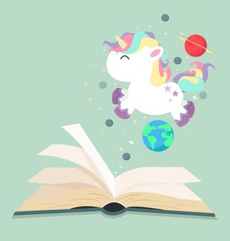 open green book  with unicorn in space
