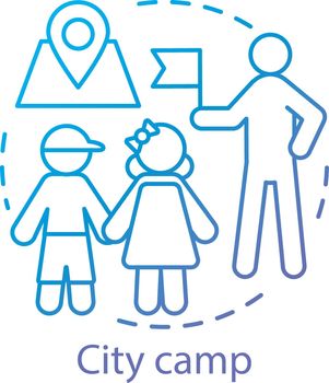City camp concept icon. Summer urban children club, holiday pastime idea thin line illustration. Exploring town, visiting city landmarks. Vector isolated outline drawing. Editable stroke