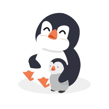 Cartoon penguin hug with baby penguin