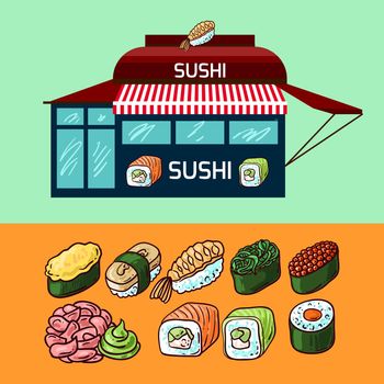 Stall counter. Hand drawn beautiful vector illustration with sushi stall counter.