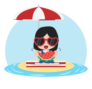 girl eat fresh  watermelon bite on sandy island 