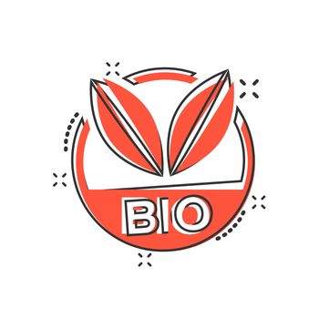 Vector cartoon bio label badge icon in comic style. Eco organic product stamp concept illustration pictogram. Eco natural food business splash effect concept.