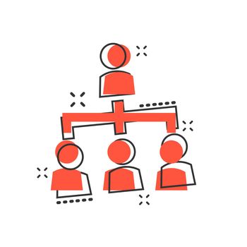 Vector cartoon people corporate organization chart icon in comic style. People cooperation concept illustration pictogram. Teamwork business splash effect concept.