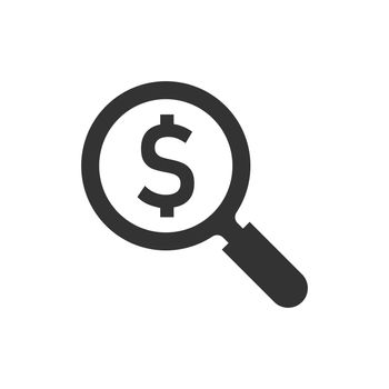 Magnify glass with dollar sign icon in flat style. Loupe, money vector illustration on white isolated background. Search bill business concept.
