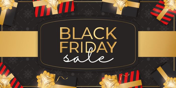 Black friday sale banner. Gold onion or bow, confetti, gift boxes. Ready horizontal poster. Vector illustration.