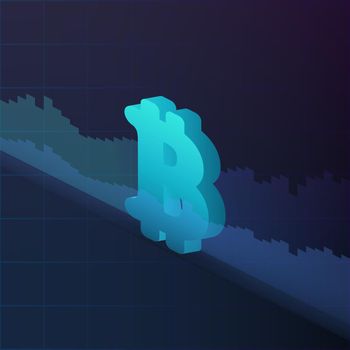 Bitcoin sign in isometric illustration. Background with financial charts. Analytics, business or financial exchange trading concept. Vector.