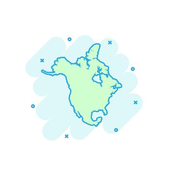 Cartoon colored North America map icon in comic style. North America sign illustration pictogram. Country geography splash business concept.