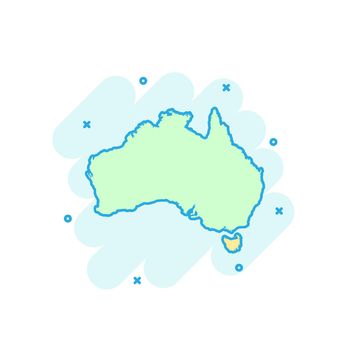 Cartoon colored Australia map icon in comic style. Australia sign illustration pictogram. Country geography splash business concept.