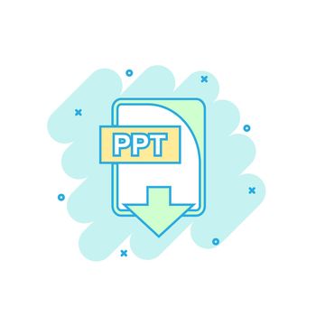 Cartoon colored PPT file icon in comic style. Ppt download illustration pictogram. Document splash business concept.