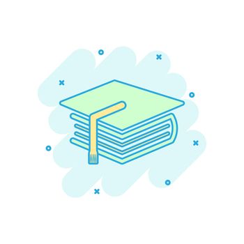 Cartoon colored education and book icon in comic style. Bachelor cap illustration pictogram. Education sign splash business concept.