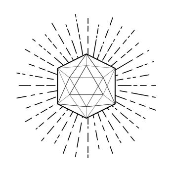 Sacred geometry. Icosahedron line drawing with rays, platonic solid. Blackwork tattoo flash. religion, spirituality, occultism. Isolated