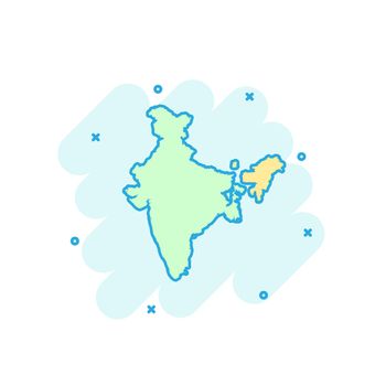 Cartoon colored India map icon in comic style. India sign illustration pictogram. Country geography splash business concept.