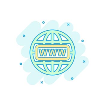 Cartoon colored go to web icon in comic style. Globe world illustration pictogram. WWW url sign splash business concept.