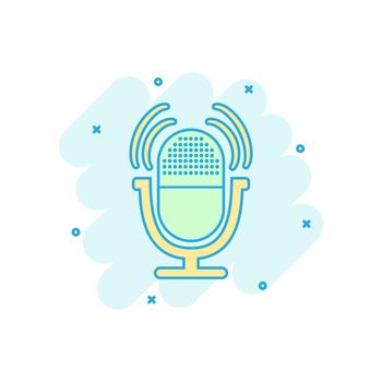 Cartoon colored microphone icon in comic style. Mic illustration pictogram. Mike sign splash business concept.