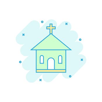 Cartoon colored church sanctuary icon in comic style. Temple building illustration pictogram. Church sign splash business concept.
