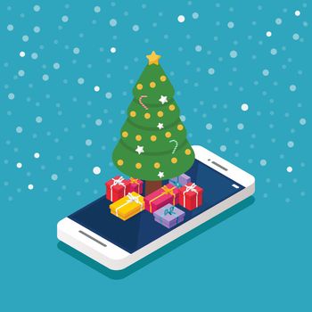 christmas tree with gift boxes on smartphone screen isometric