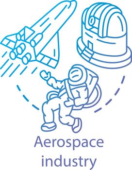 Aerospace industry concept icon. Space exploration. Spacecraft, cosmonaut, observatory. Cosmos exploring. Astronautics idea thin line illustration. Vector isolated outline drawing. Editable stroke