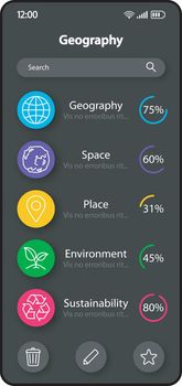 Geography study smartphone interface vector template. Mobile app page black design layout. School subject categories screen. Flat UI for application. Teaching geography knowledge phone display