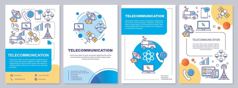 Telecommunication industry template layout. Flyer, booklet, leaflet print design with linear illustrations. Tv broadcasting. Vector page layouts for magazines, annual reports, advertising posters