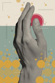 Art collage with human palm and creative elements, geometric shapes for posters, banners, wallpaper. Science, research, discovery, technology concept. Pop art. Zine culture. Fashion magazine style.