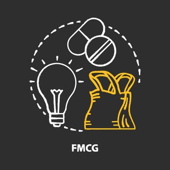 FMCG chalk concept icon. Fast moving consumer goods idea. Low cost and quickly sold products. High consumer demand. Market industry management. Marketing trend. Vector isolated chalkboard illustration