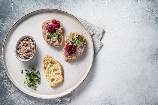 Toasts with chicken rillettes pate on white bread with sprouts. White background. Top View. Copy space