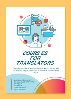 Courses for translators brochure template layout. Translator training. Flyer, booklet, leaflet print design with linear illustrations. Vector page layouts for magazines, reports, advertising posters