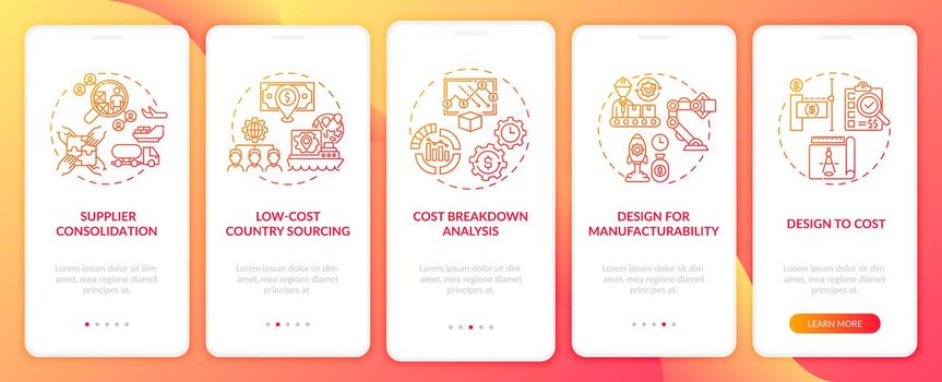 Cost reduction strategies onboarding mobile app page screen with concepts