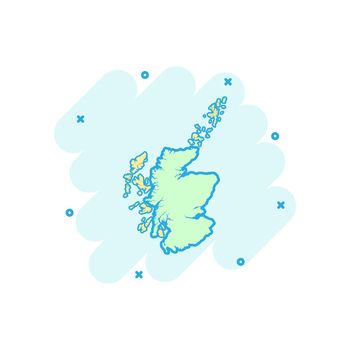 Vector cartoon Scotland map icon in comic style. Scotland sign illustration pictogram. Cartography map business splash effect concept.