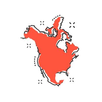 Cartoon North America map icon in comic style. North America illustration pictogram. Country geography sign splash business concept.