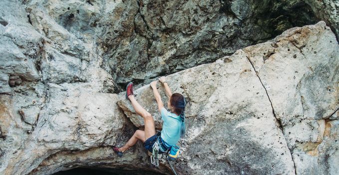 Woman started to climb outdoor