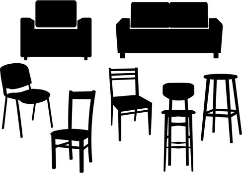 Collection black silhouette of chairs icon interior furniture Old style armchair. Vector flat illustration