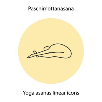 Paschimottanasana yoga position linear icon. Thin line illustration. Yoga asana contour symbol. Vector isolated outline drawing