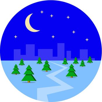 City, metropolis in the winter snow. Night, Christmas, new year, holiday, houses, city sleeps, forest. Flat design, vector illustration