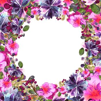 Flower frame. Colorful floral collection with leaves and flowers, drawing watercolor.