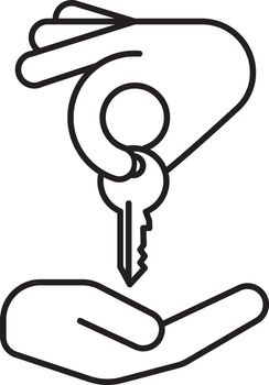 Hand giving key to another hand linear icon. Realty purchase thin line illustration. Real estate market deal. Homebuyer. Contour symbol. Private property purchase. Vector isolated outline drawing