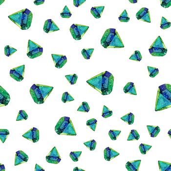 Watercolor illustration of diamond crystals - seamless pattern. Print for textile, fabric, wallpaper. Hand made painting. Jewel on white background. Unusual modern ornate design.