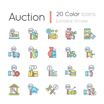 Auction RGB color icons set