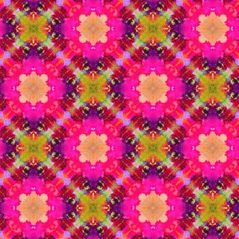 Hand drawn seamless pattern with folk national motives. Bright colored abstract wallpaper. Seamless texture. Geometric fabric design. Art painting. Pink colors. Native. Patchwork, and scraps.