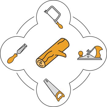 Wood working tools color icons set