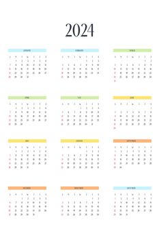 2024 calendar template in classic strict style with multicolor elements. Monthly calendar individual schedule minimalism restrained design for business notebook. Week starts on sunday