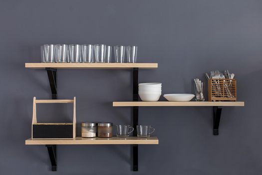 Shelf with clean dishware