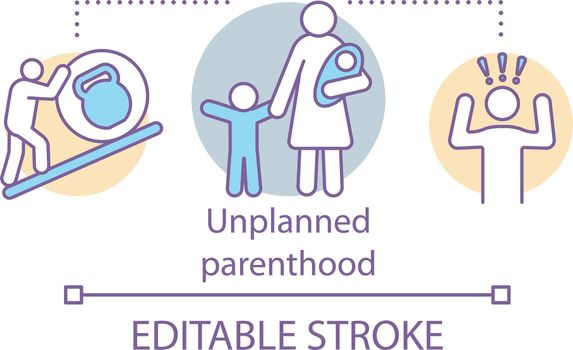 Unplanned parenthood concept icon. Single parenthood idea thin line illustration. Unwanted, unintended pregnancy. Parenting stress. Raising child burden. Vector isolated drawing. Editable stroke