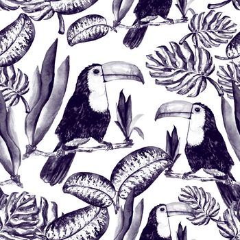 Seamless pattern of leaves monstera and Toucan
