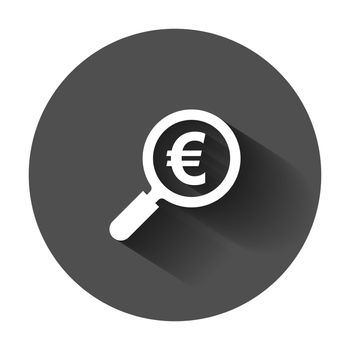 Magnify glass with euro sign icon in flat style. Loupe, money vector illustration with long shadow. Search bill business concept.