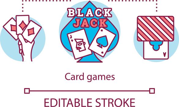 Blackjack & poker concept icon. Black jack. Card games idea thin line illustration. Gambling, casino. Ace, playing cards deck and suits. ector isolated outline drawing. Editable stroke