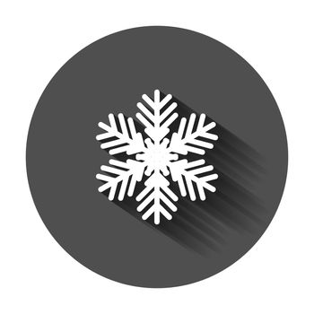 Snowflake icon in flat style. Snow flake winter vector illustration with long shadow. Christmas snowfall ornament business concept.
